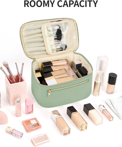 Makeup Bag, Women Travel Make Up Vanity Case with Handle | Portable Make Up Essentials Organizer, Brush Bags for Skincare Cosmetic Lipstick, Eco Vegan Leather, Green