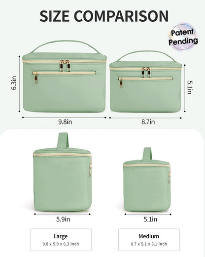 Makeup Bag, Women Travel Make Up Vanity Case with Handle | Portable Make Up Essentials Organizer, Brush Bags for Skincare Cosmetic Lipstick, Eco Vegan Leather, Green