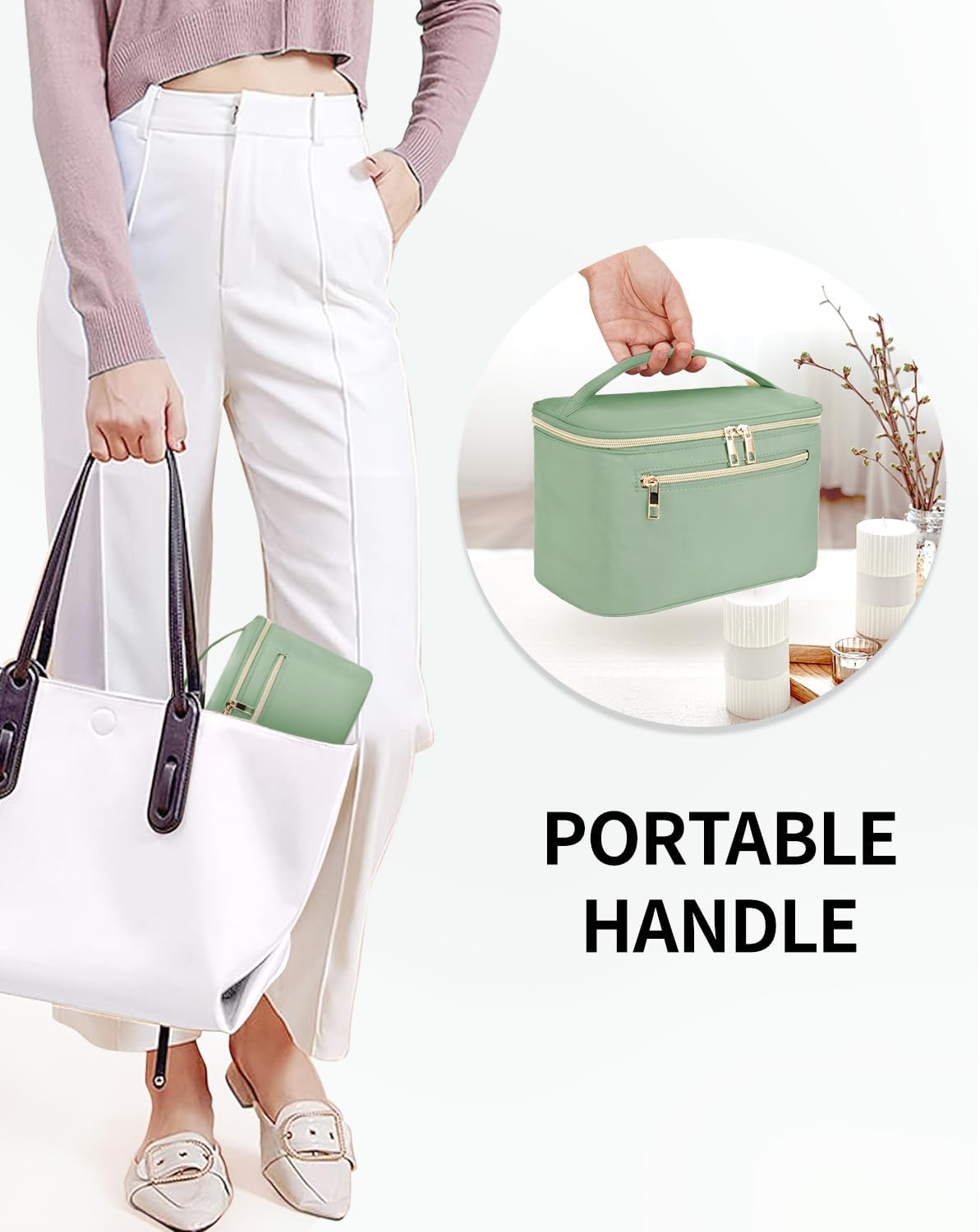 Makeup Bag, Women Travel Make Up Vanity Case with Handle | Portable Make Up Essentials Organizer, Brush Bags for Skincare Cosmetic Lipstick, Eco Vegan Leather, Green
