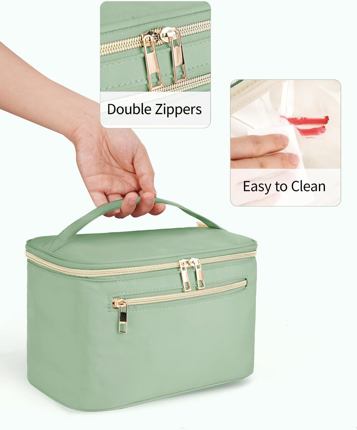 Makeup Bag, Women Travel Make Up Vanity Case with Handle | Portable Make Up Essentials Organizer, Brush Bags for Skincare Cosmetic Lipstick, Eco Vegan Leather, Green