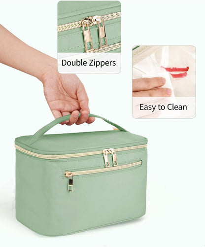 Makeup Bag, Women Travel Make Up Vanity Case with Handle | Portable Make Up Essentials Organizer, Brush Bags for Skincare Cosmetic Lipstick, Eco Vegan Leather, Green