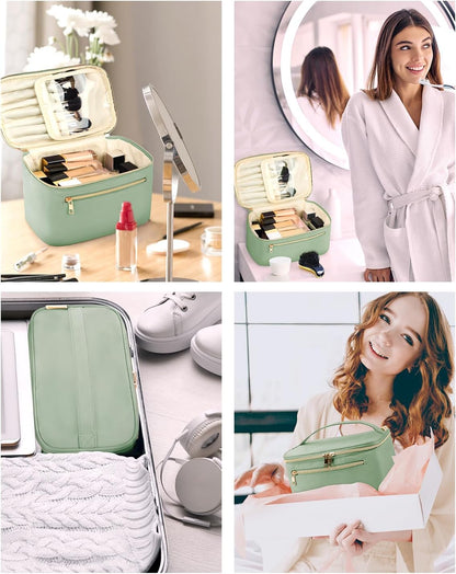 Makeup Bag, Women Travel Make Up Vanity Case with Handle | Portable Make Up Essentials Organizer, Brush Bags for Skincare Cosmetic Lipstick, Eco Vegan Leather, Green