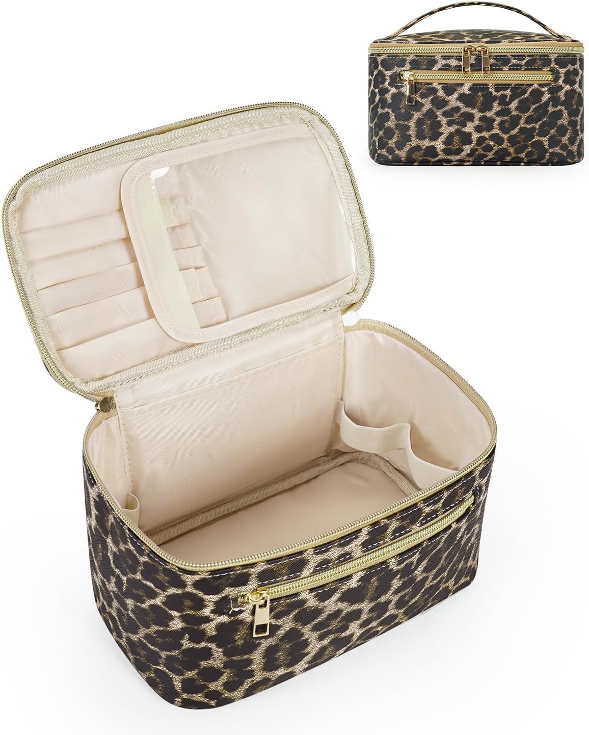 Makeup Bag, Women Travel Make Up Vanity Case with Handle | Portable Make Up Essentials Organizer, Brush Bags for Skincare Cosmetic Lipstick, Eco Vegan Leather, Green