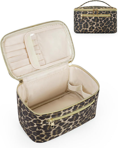 Makeup Bag, Women Travel Make Up Vanity Case with Handle | Portable Make Up Essentials Organizer, Brush Bags for Skincare Cosmetic Lipstick, Eco Vegan Leather, Green