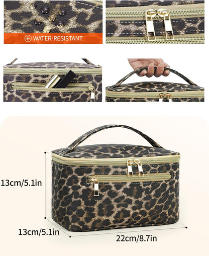 Makeup Bag, Women Travel Make Up Vanity Case with Handle | Portable Make Up Essentials Organizer, Brush Bags for Skincare Cosmetic Lipstick, Eco Vegan Leather, Green