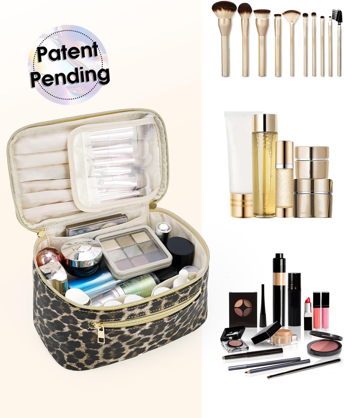 Makeup Bag, Women Travel Make Up Vanity Case with Handle | Portable Make Up Essentials Organizer, Brush Bags for Skincare Cosmetic Lipstick, Eco Vegan Leather, Green