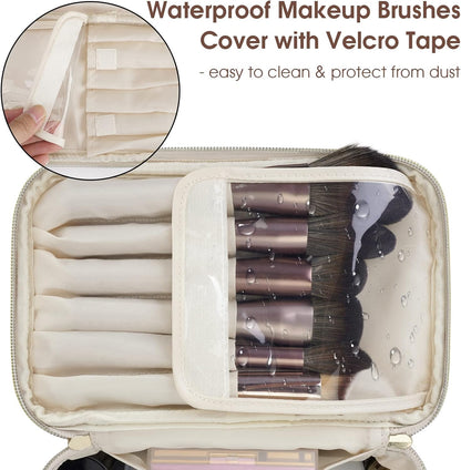 Makeup Bag, Women Travel Make Up Vanity Case with Handle | Portable Make Up Essentials Organizer, Brush Bags for Skincare Cosmetic Lipstick, Eco Vegan Leather, Green
