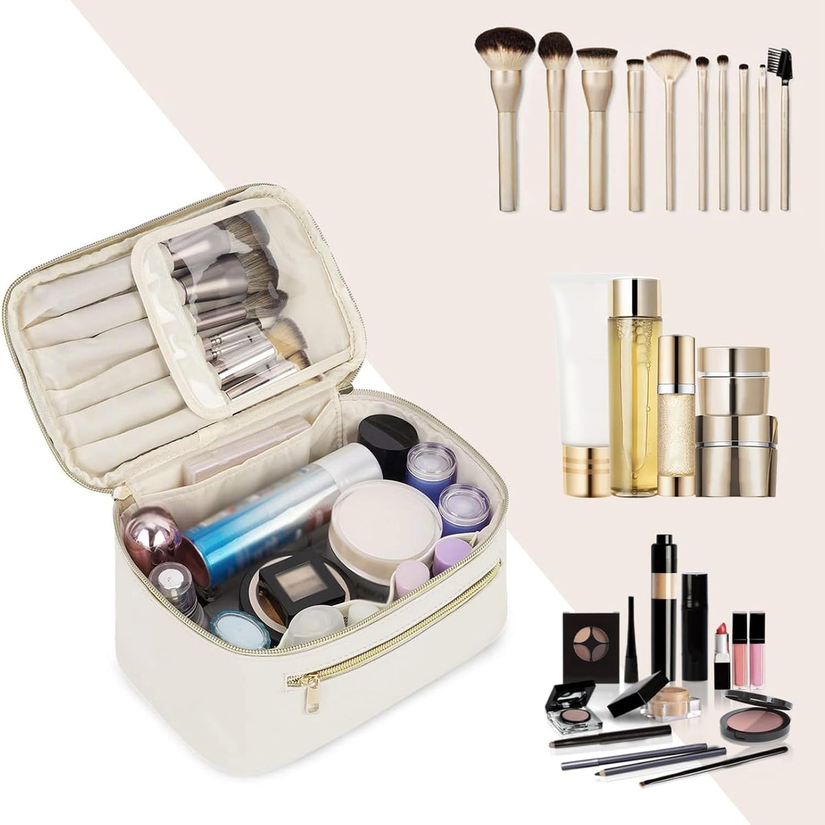 Makeup Bag, Women Travel Make Up Vanity Case with Handle | Portable Make Up Essentials Organizer, Brush Bags for Skincare Cosmetic Lipstick, Eco Vegan Leather, Green