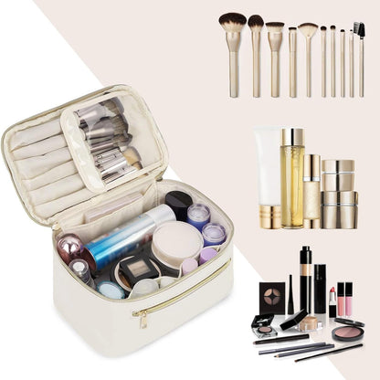 Makeup Bag, Women Travel Make Up Vanity Case with Handle | Portable Make Up Essentials Organizer, Brush Bags for Skincare Cosmetic Lipstick, Eco Vegan Leather, Green