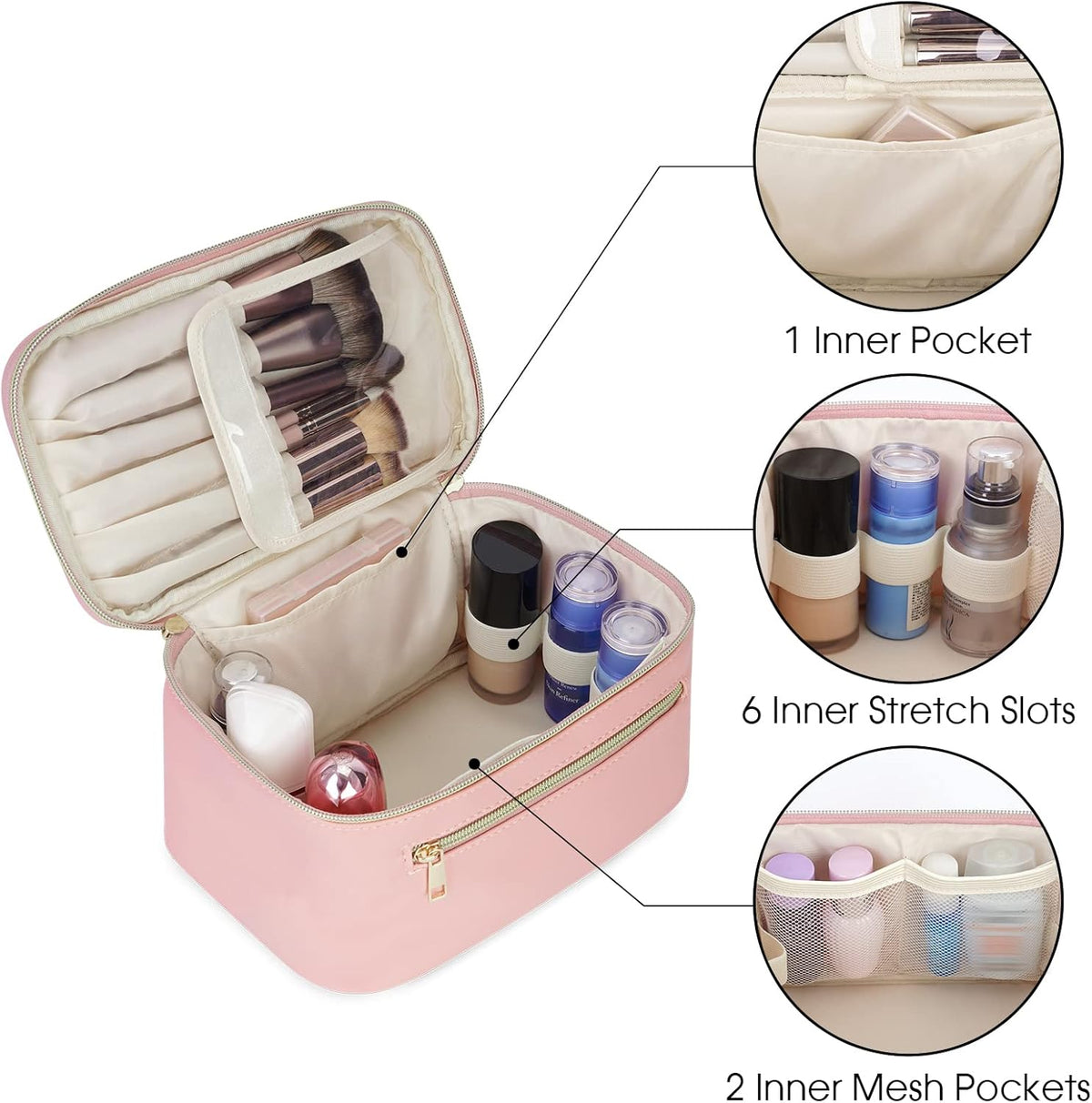 Makeup Bag, Women Travel Make Up Vanity Case with Handle | Portable Make Up Essentials Organizer, Brush Bags for Skincare Cosmetic Lipstick, Eco Vegan Leather, Green