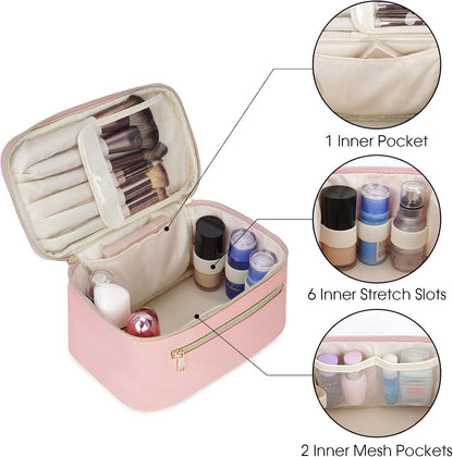 Makeup Bag, Women Travel Make Up Vanity Case with Handle | Portable Make Up Essentials Organizer, Brush Bags for Skincare Cosmetic Lipstick, Eco Vegan Leather, Green