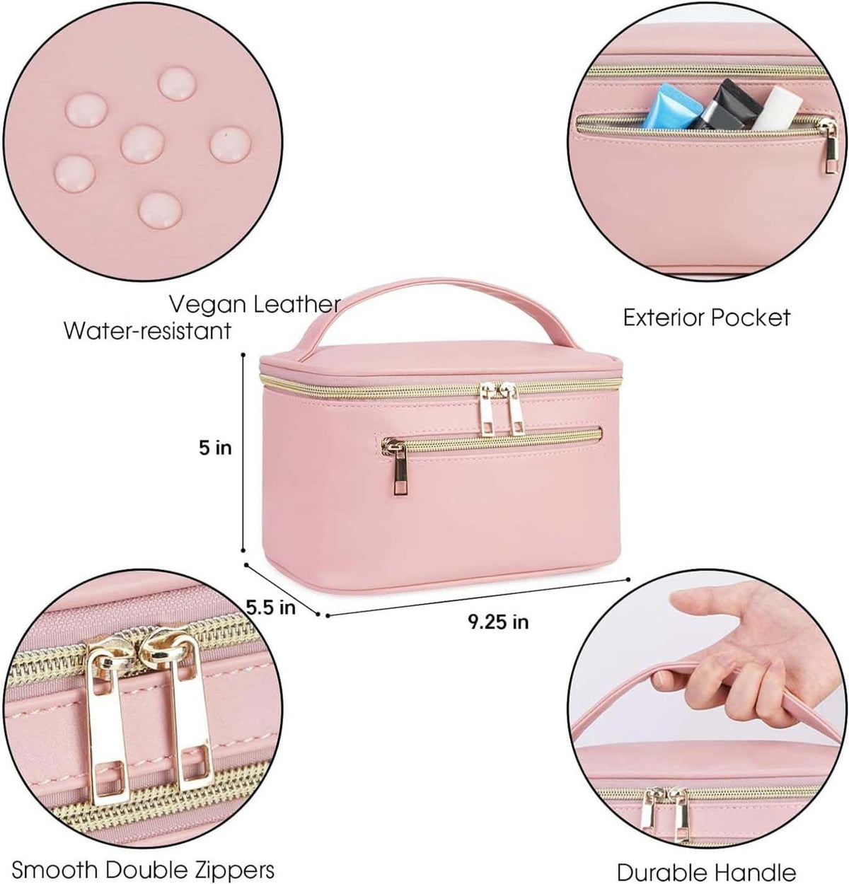 Makeup Bag, Women Travel Make Up Vanity Case with Handle | Portable Make Up Essentials Organizer, Brush Bags for Skincare Cosmetic Lipstick, Eco Vegan Leather, Green