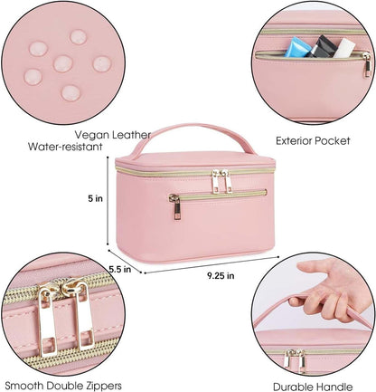 Makeup Bag, Women Travel Make Up Vanity Case with Handle | Portable Make Up Essentials Organizer, Brush Bags for Skincare Cosmetic Lipstick, Eco Vegan Leather, Green