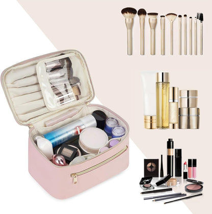 Makeup Bag, Women Travel Make Up Vanity Case with Handle | Portable Make Up Essentials Organizer, Brush Bags for Skincare Cosmetic Lipstick, Eco Vegan Leather, Green