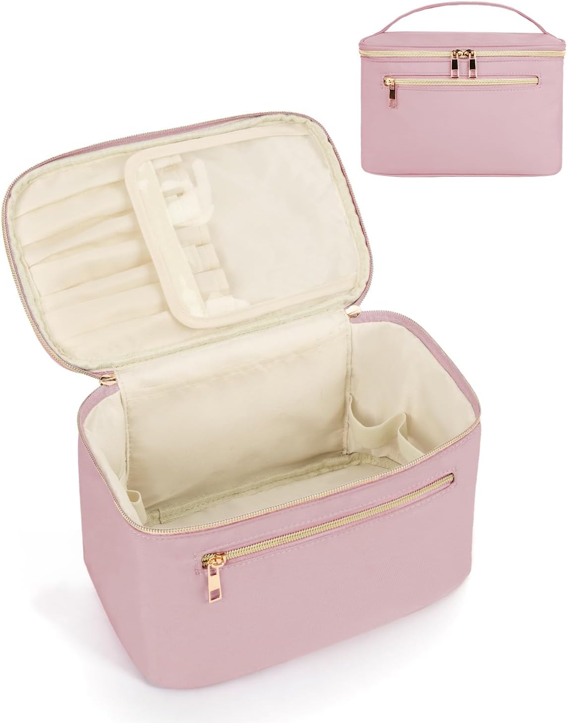 Makeup Bag, Women Travel Make Up Vanity Case with Handle | Portable Make Up Essentials Organizer, Brush Bags for Skincare Cosmetic Lipstick, Eco Vegan Leather, Green