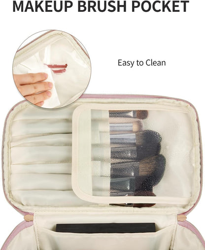 Makeup Bag, Women Travel Make Up Vanity Case with Handle | Portable Make Up Essentials Organizer, Brush Bags for Skincare Cosmetic Lipstick, Eco Vegan Leather, Green
