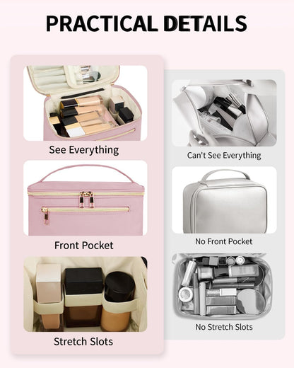 Makeup Bag, Women Travel Make Up Vanity Case with Handle | Portable Make Up Essentials Organizer, Brush Bags for Skincare Cosmetic Lipstick, Eco Vegan Leather, Green