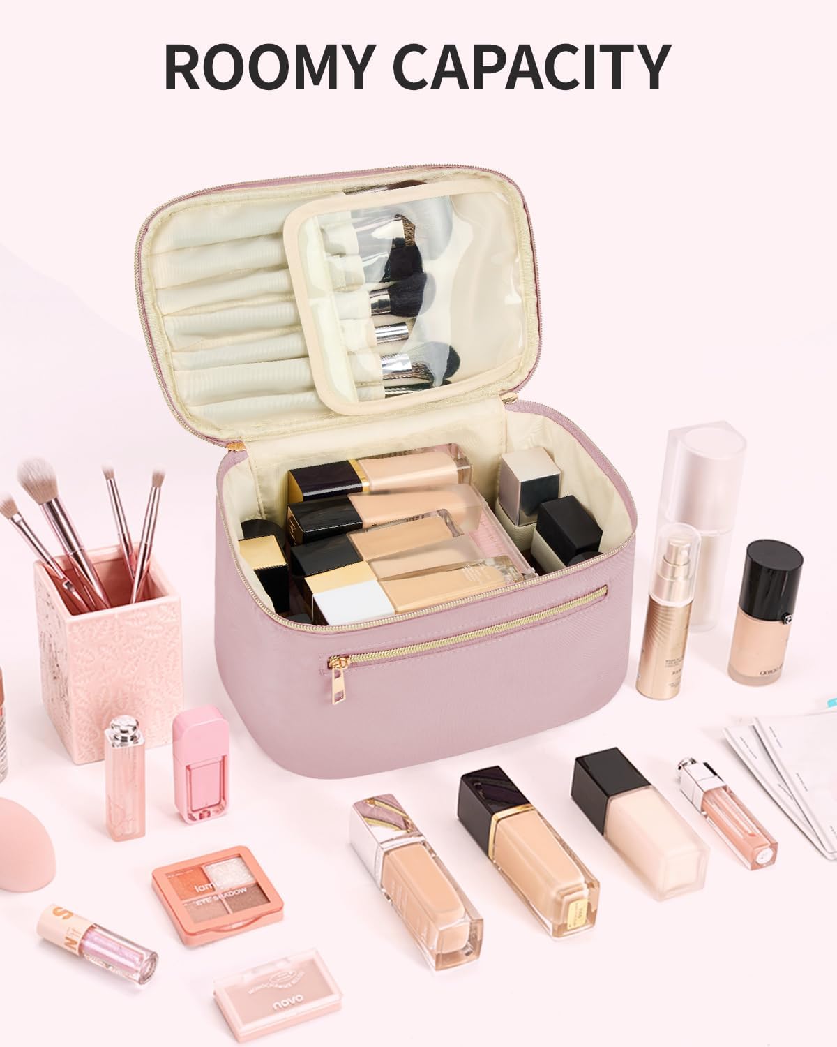 Makeup Bag, Women Travel Make Up Vanity Case with Handle | Portable Make Up Essentials Organizer, Brush Bags for Skincare Cosmetic Lipstick, Eco Vegan Leather, Green