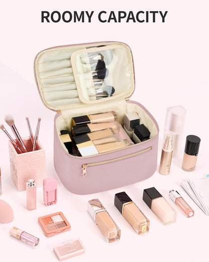Makeup Bag, Women Travel Make Up Vanity Case with Handle | Portable Make Up Essentials Organizer, Brush Bags for Skincare Cosmetic Lipstick, Eco Vegan Leather, Green