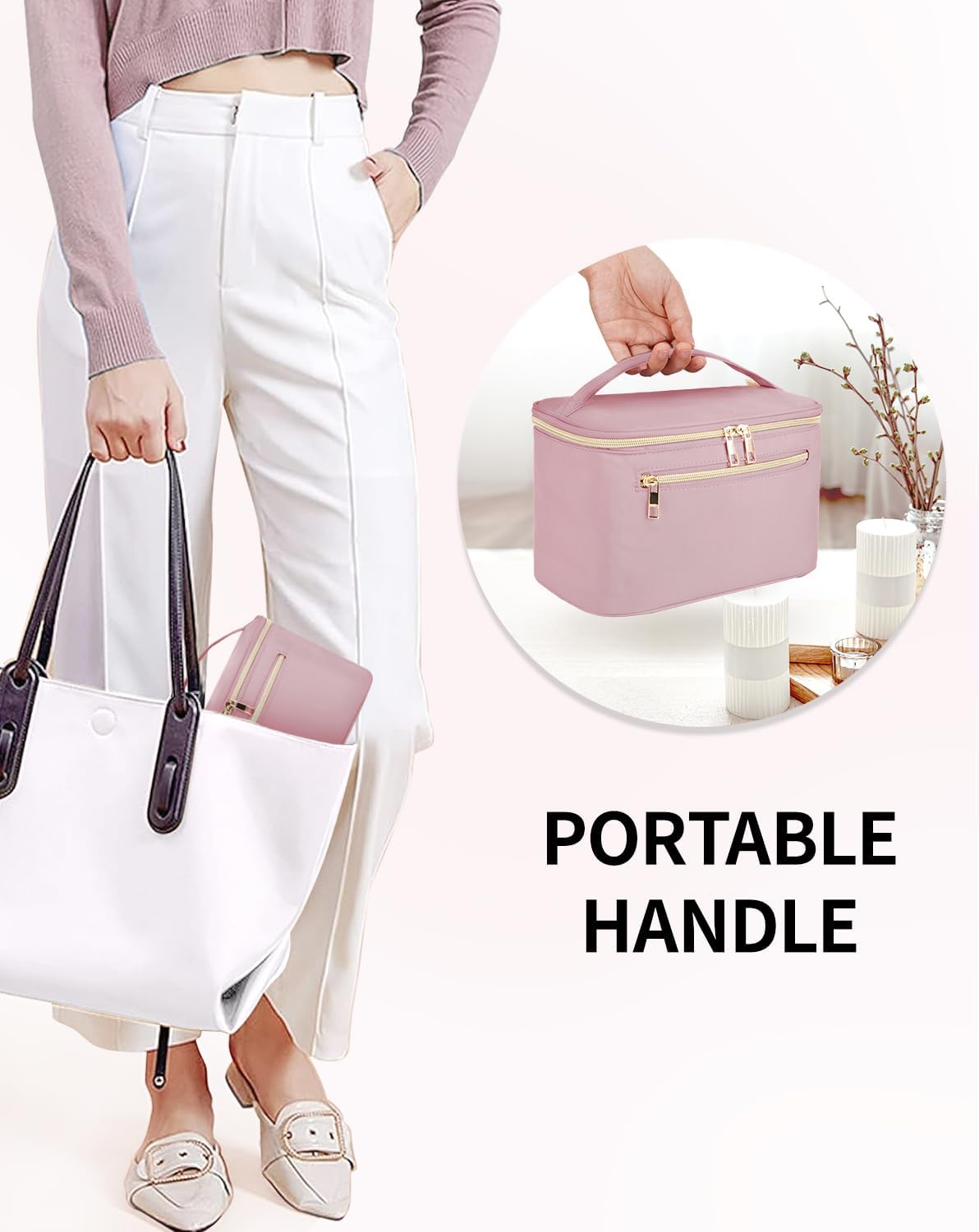 Makeup Bag, Women Travel Make Up Vanity Case with Handle | Portable Make Up Essentials Organizer, Brush Bags for Skincare Cosmetic Lipstick, Eco Vegan Leather, Green