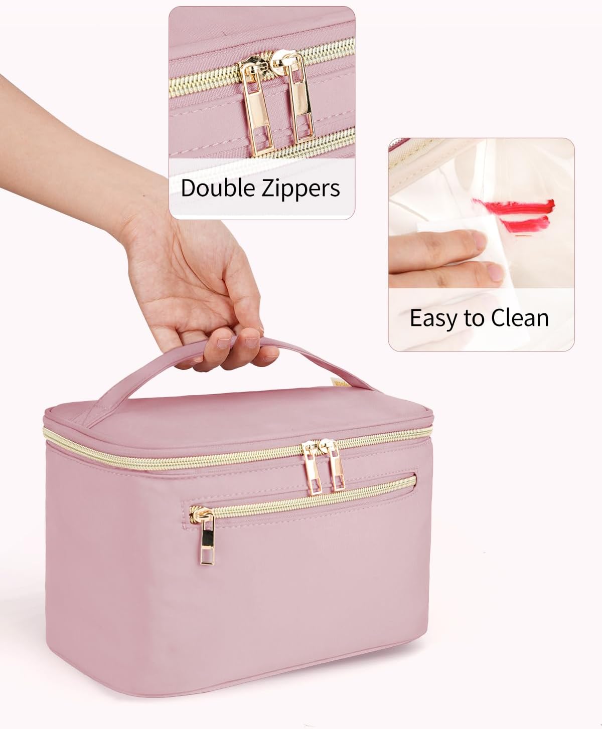 Makeup Bag, Women Travel Make Up Vanity Case with Handle | Portable Make Up Essentials Organizer, Brush Bags for Skincare Cosmetic Lipstick, Eco Vegan Leather, Green