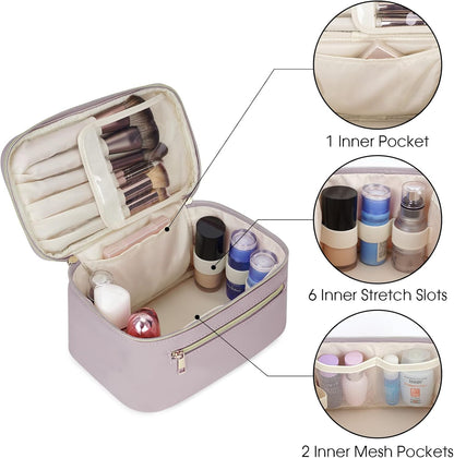 Makeup Bag, Women Travel Make Up Vanity Case with Handle | Portable Make Up Essentials Organizer, Brush Bags for Skincare Cosmetic Lipstick, Eco Vegan Leather, Green