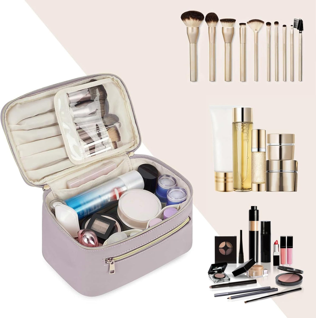 Makeup Bag, Women Travel Make Up Vanity Case with Handle | Portable Make Up Essentials Organizer, Brush Bags for Skincare Cosmetic Lipstick, Eco Vegan Leather, Green