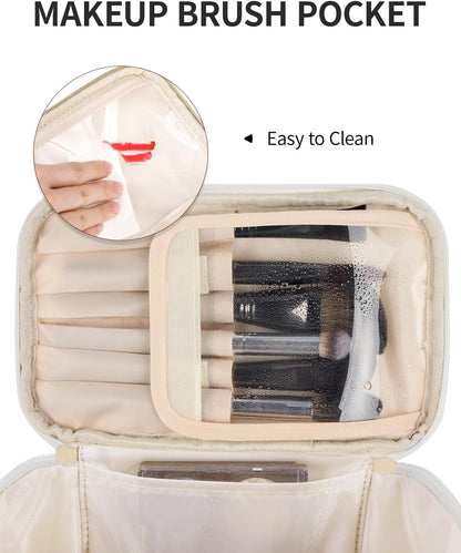 Makeup Bag, Women Travel Make Up Vanity Case with Handle | Portable Make Up Essentials Organizer, Brush Bags for Skincare Cosmetic Lipstick, Eco Vegan Leather, Green