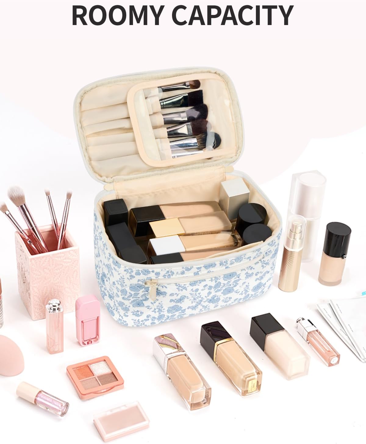 Makeup Bag, Women Travel Make Up Vanity Case with Handle | Portable Make Up Essentials Organizer, Brush Bags for Skincare Cosmetic Lipstick, Eco Vegan Leather, Green