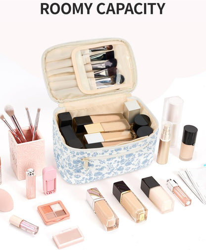 Makeup Bag, Women Travel Make Up Vanity Case with Handle | Portable Make Up Essentials Organizer, Brush Bags for Skincare Cosmetic Lipstick, Eco Vegan Leather, Green