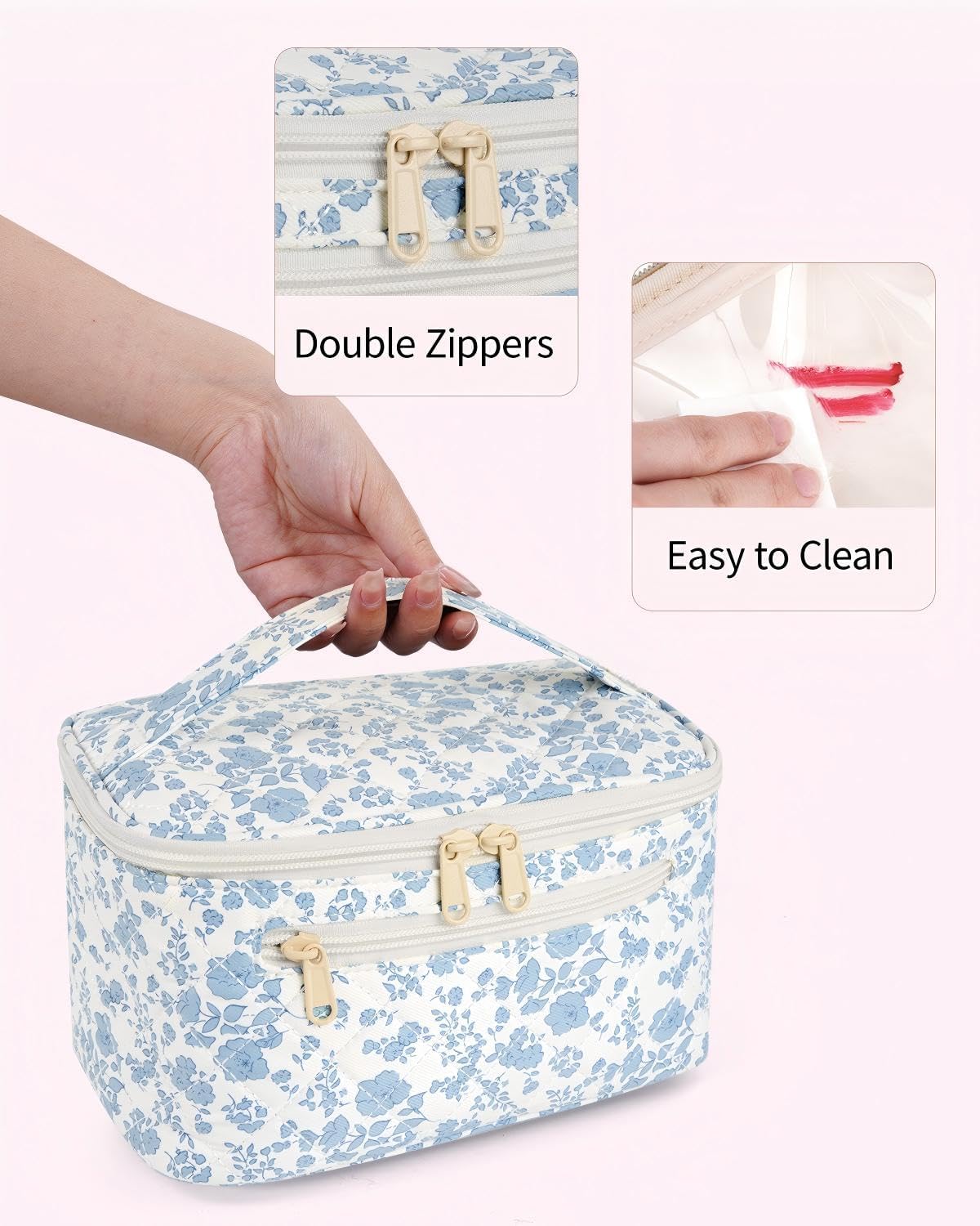 Makeup Bag, Women Travel Make Up Vanity Case with Handle | Portable Make Up Essentials Organizer, Brush Bags for Skincare Cosmetic Lipstick, Eco Vegan Leather, Green
