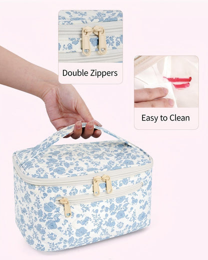 Makeup Bag, Women Travel Make Up Vanity Case with Handle | Portable Make Up Essentials Organizer, Brush Bags for Skincare Cosmetic Lipstick, Eco Vegan Leather, Green