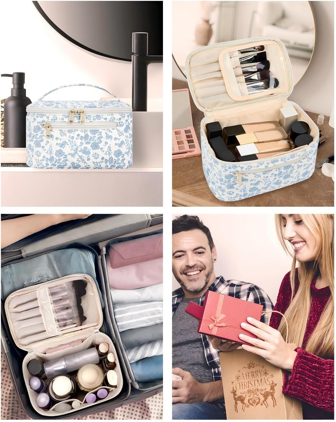 Makeup Bag, Women Travel Make Up Vanity Case with Handle | Portable Make Up Essentials Organizer, Brush Bags for Skincare Cosmetic Lipstick, Eco Vegan Leather, Green