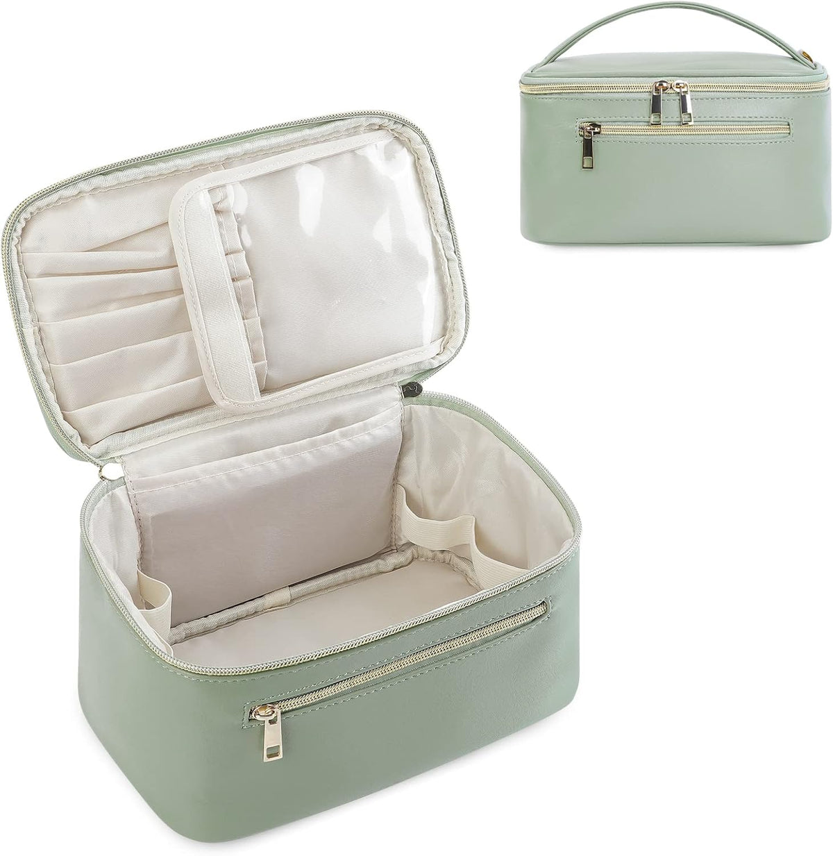 Makeup Bag, Women Travel Make Up Vanity Case with Handle | Portable Make Up Essentials Organizer, Brush Bags for Skincare Cosmetic Lipstick, Eco Vegan Leather, Green
