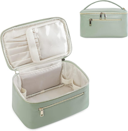 Makeup Bag, Women Travel Make Up Vanity Case with Handle | Portable Make Up Essentials Organizer, Brush Bags for Skincare Cosmetic Lipstick, Eco Vegan Leather, Green