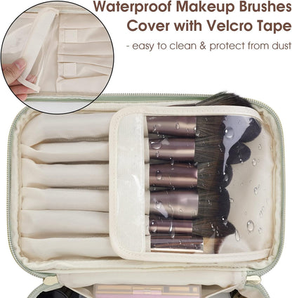 Makeup Bag, Women Travel Make Up Vanity Case with Handle | Portable Make Up Essentials Organizer, Brush Bags for Skincare Cosmetic Lipstick, Eco Vegan Leather, Green