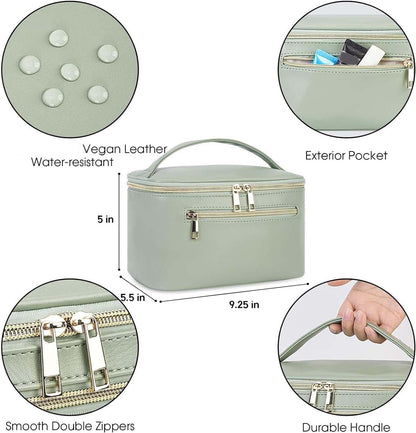 Makeup Bag, Women Travel Make Up Vanity Case with Handle | Portable Make Up Essentials Organizer, Brush Bags for Skincare Cosmetic Lipstick, Eco Vegan Leather, Green