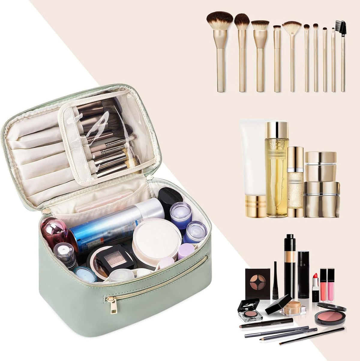 Makeup Bag, Women Travel Make Up Vanity Case with Handle | Portable Make Up Essentials Organizer, Brush Bags for Skincare Cosmetic Lipstick, Eco Vegan Leather, Green