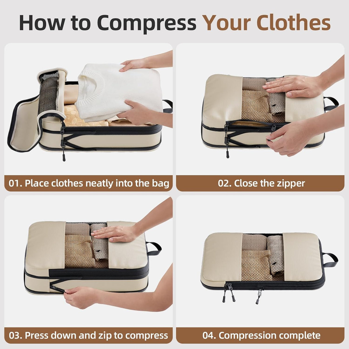 6 Set Compression Packing Cubes, Travel Packing Organizers with Breathable Mesh, Space-Saving Lightweight Portable Storage Bags Set for Travel Accessories Luggage Suitcase Backpack, Grey