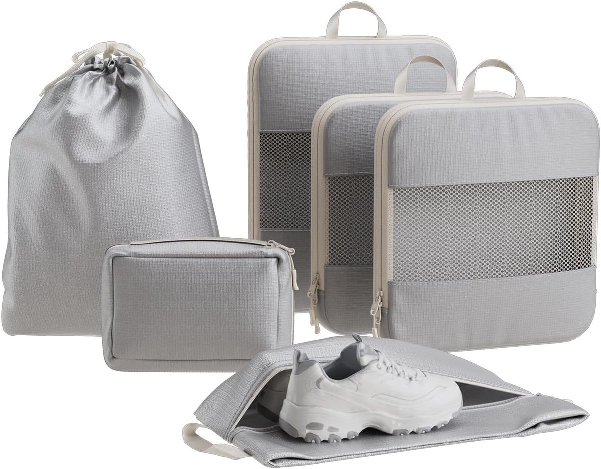 6 Set Compression Packing Cubes, Travel Packing Organizers with Breathable Mesh, Space-Saving Lightweight Portable Storage Bags Set for Travel Accessories Luggage Suitcase Backpack, Grey