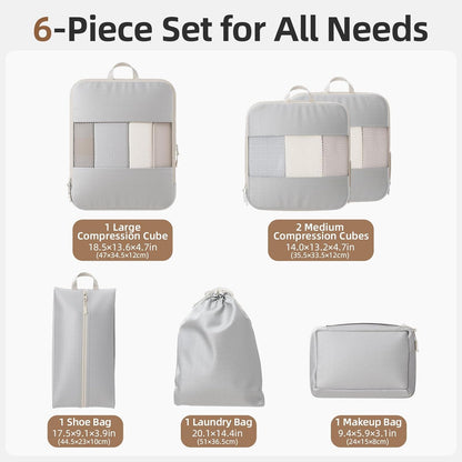 6 Set Compression Packing Cubes, Travel Packing Organizers with Breathable Mesh, Space-Saving Lightweight Portable Storage Bags Set for Travel Accessories Luggage Suitcase Backpack, Grey