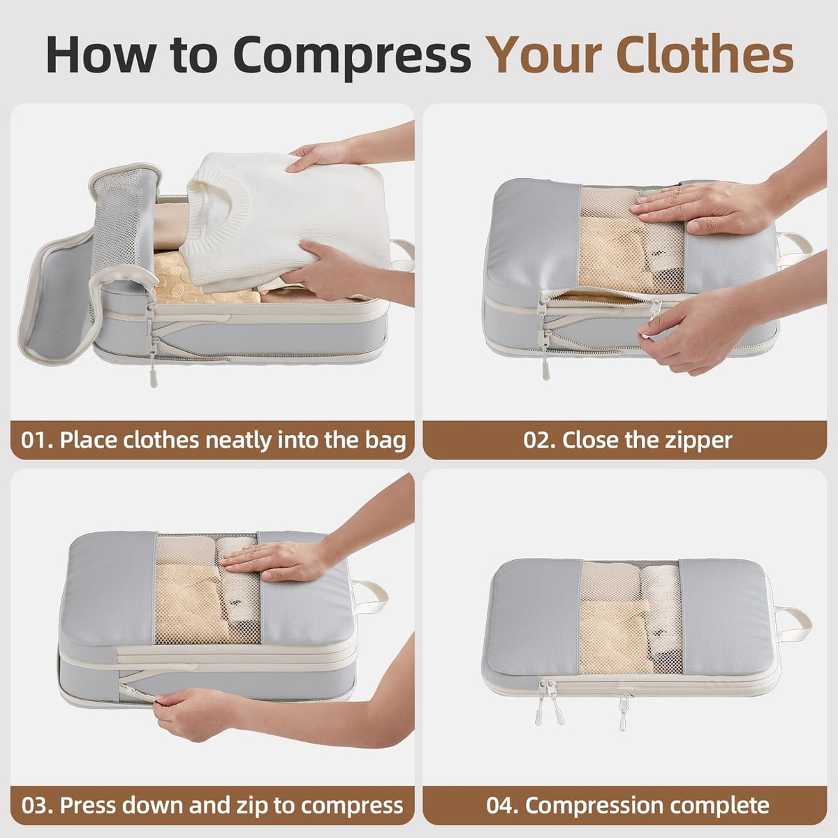 6 Set Compression Packing Cubes, Travel Packing Organizers with Breathable Mesh, Space-Saving Lightweight Portable Storage Bags Set for Travel Accessories Luggage Suitcase Backpack, Grey