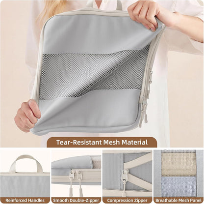 6 Set Compression Packing Cubes, Travel Packing Organizers with Breathable Mesh, Space-Saving Lightweight Portable Storage Bags Set for Travel Accessories Luggage Suitcase Backpack, Grey
