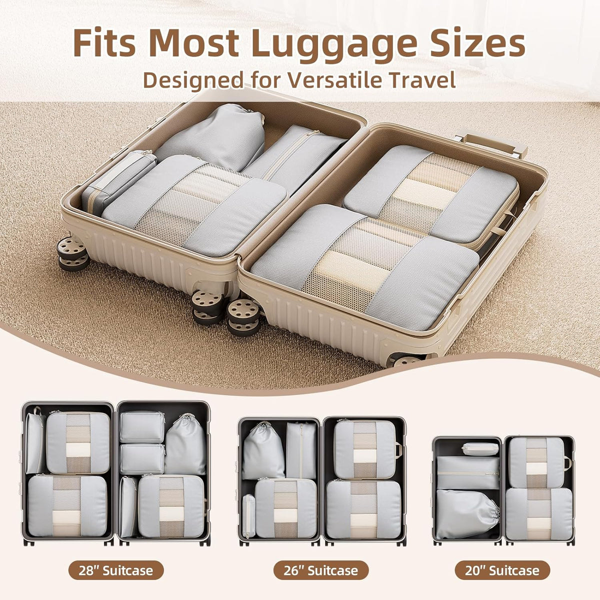 6 Set Compression Packing Cubes, Travel Packing Organizers with Breathable Mesh, Space-Saving Lightweight Portable Storage Bags Set for Travel Accessories Luggage Suitcase Backpack, Grey