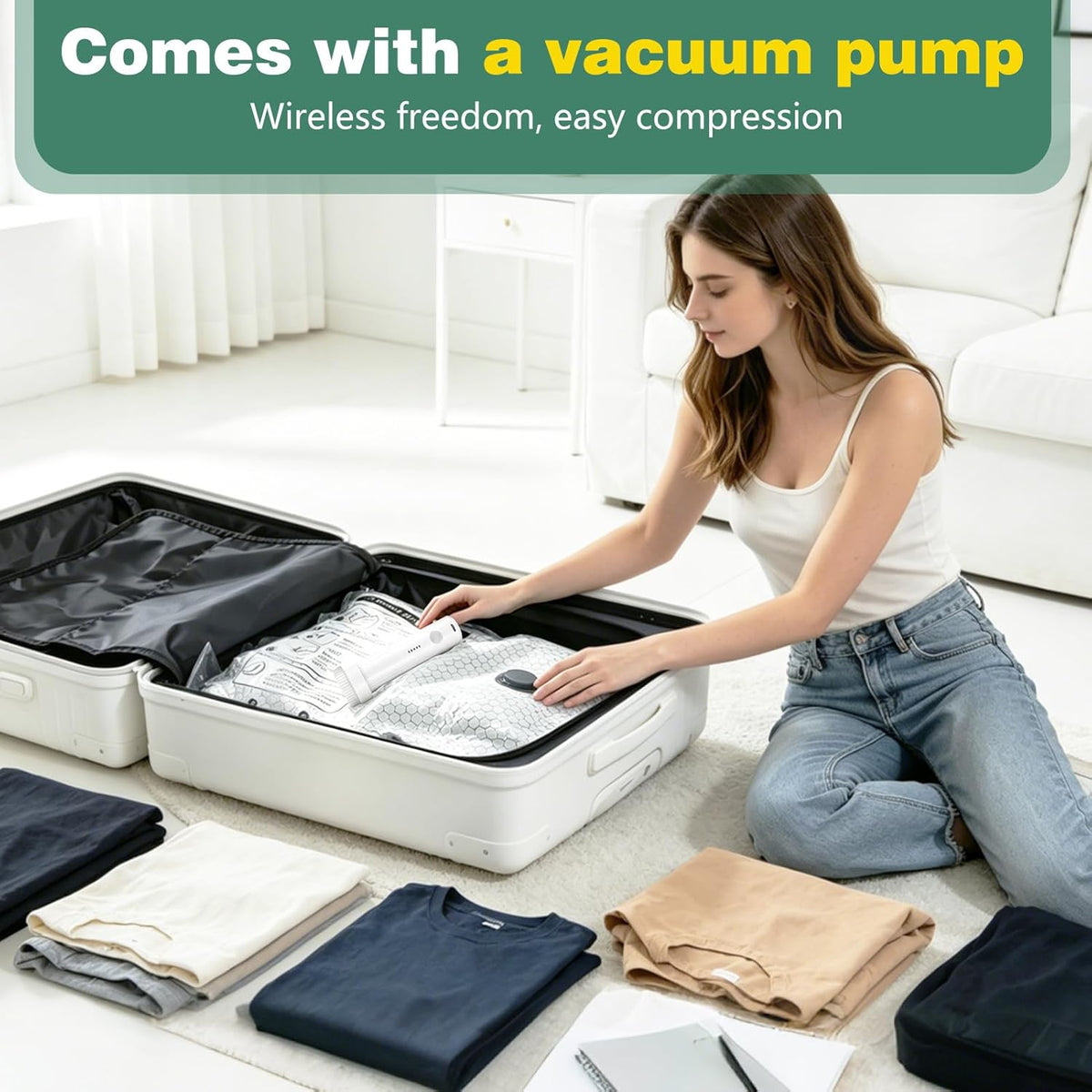 20 Pack Travel Vacuum Storage Bags with Rechargeable Wireless Pump, Vacuum Seal Bags for Clothes, Space Saver Compression Bags in 4 Carry-On Sizes for Luggage, Bedding & Seasonal Storage