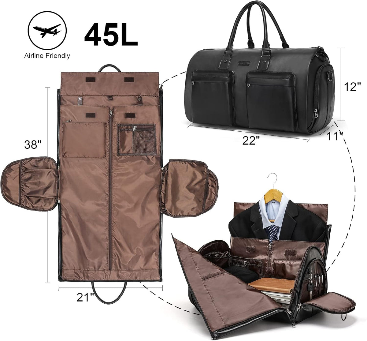 Convertible Garment Bag, Carry-On Suit Bag with Shoulder Strap | 2-in-1 lightweight garment travel bag for men and women, suit bag with shoulder strap for weekend getaways