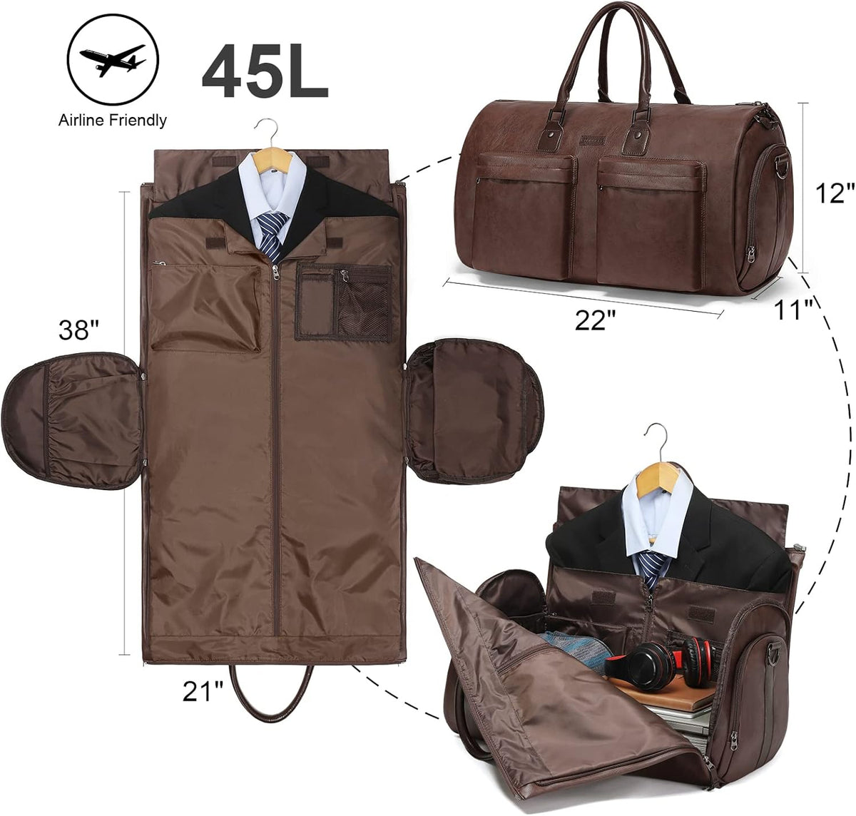 Convertible Garment Bag, Carry-On Suit Bag with Shoulder Strap | 2-in-1 lightweight garment travel bag for men and women, suit bag with shoulder strap for weekend getaways