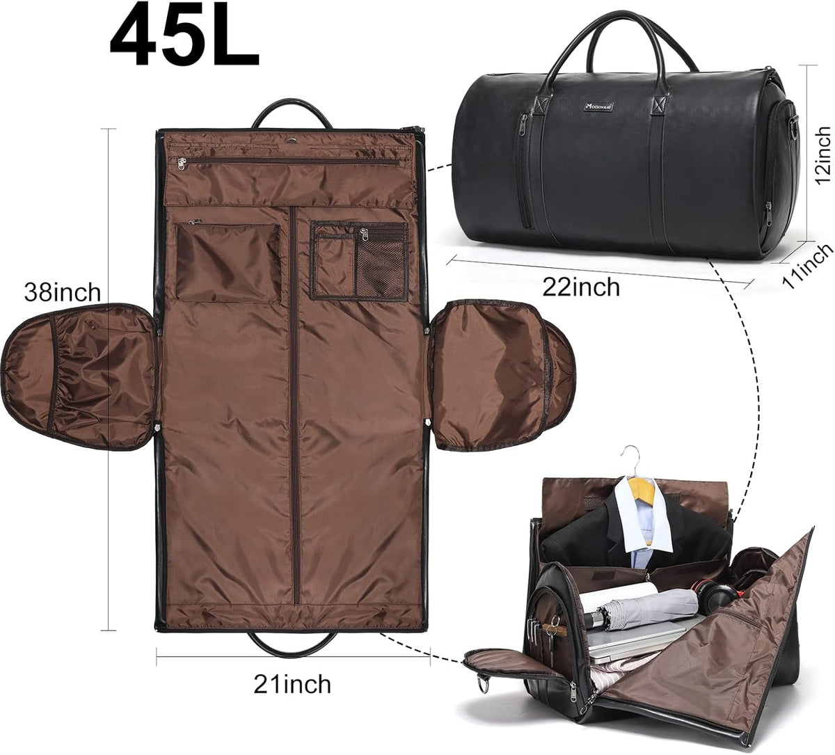 Convertible Garment Bag, Carry-On Suit Bag with Shoulder Strap | 2-in-1 lightweight garment travel bag for men and women, suit bag with shoulder strap for weekend getaways