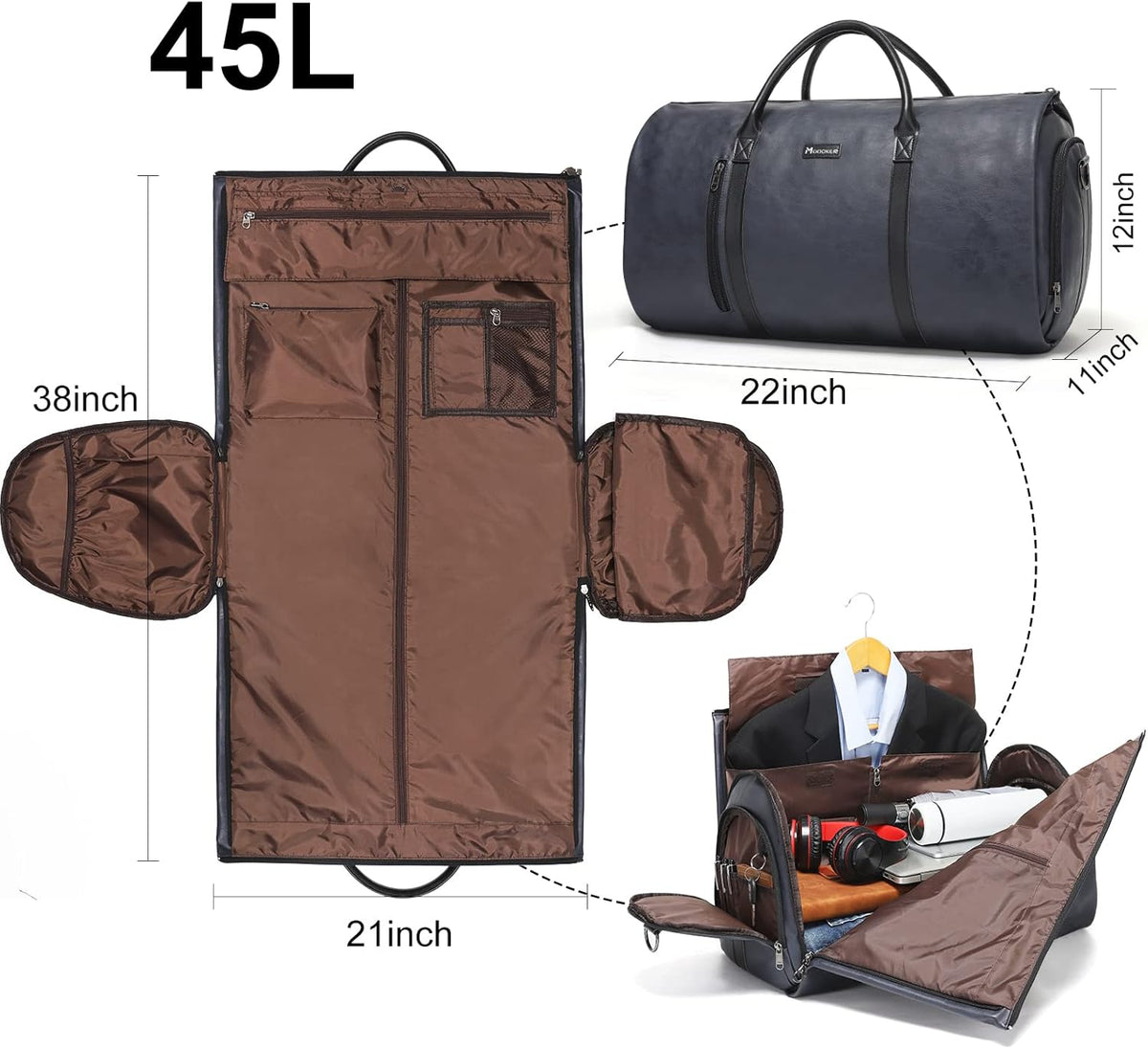 Convertible Garment Bag, Carry-On Suit Bag with Shoulder Strap | 2-in-1 lightweight garment travel bag for men and women, suit bag with shoulder strap for weekend getaways