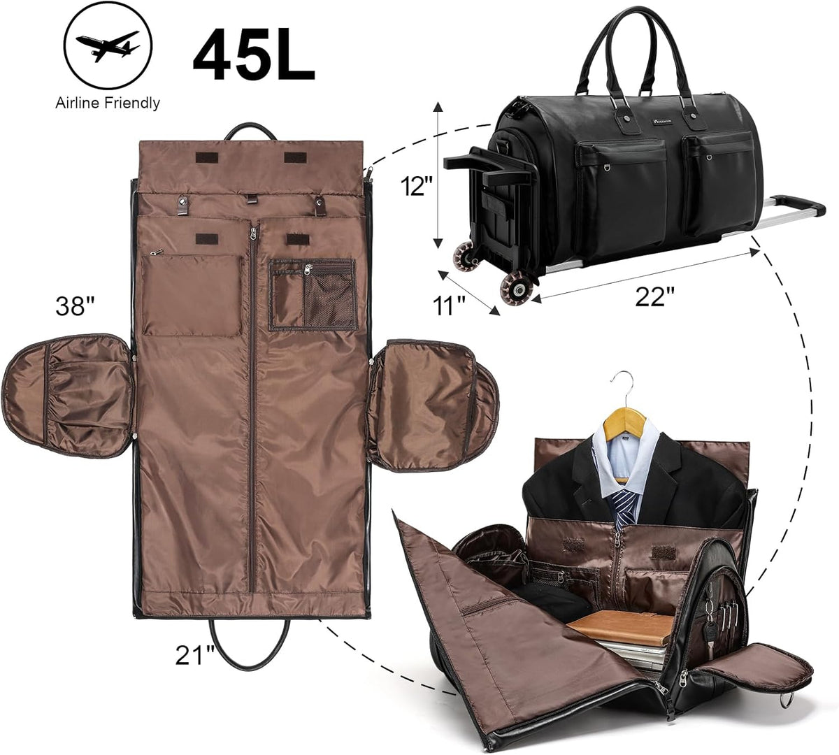 Convertible Garment Bag, Carry-On Suit Bag with Shoulder Strap | 2-in-1 lightweight garment travel bag for men and women, suit bag with shoulder strap for weekend getaways
